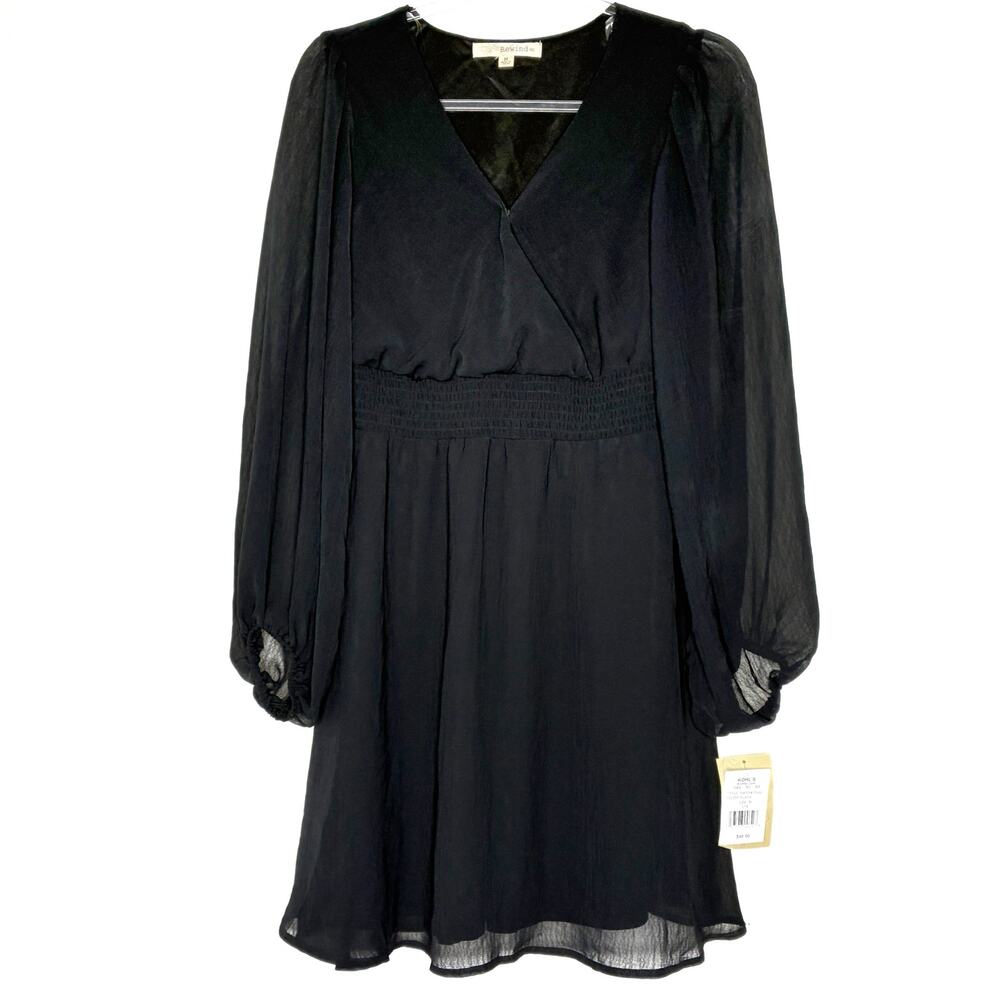 Rewind Black Boho Mini Dress Long Sleeve Wrap Top Smocked Waist Juniors NWT